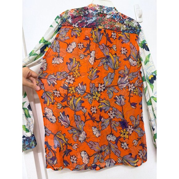 Tory Burch Kia Orange Garden Print Silk Shirt Top Green Floral Tie Neck 8 - Picture 12 of 15